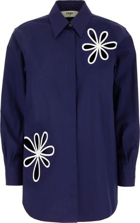 Fendi Flower-cutout Shirt - Dames - Overhemden - Blauw - 2XS - Katoen - Overhemden