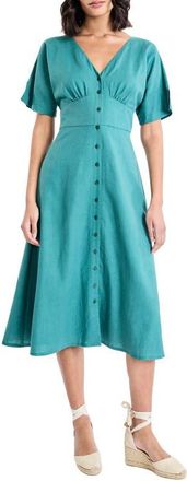 Maggy London Flutter Sleeve Flare Linen Blend Midi Dress in North Sea at Nordstrom, Size 10