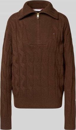 Tommy Hilfiger Relaxed Fit Strickpullover aus reiner Wolle mit Zopf-Muster in Mittelbraun, Größe XXL