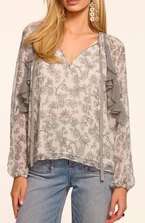 Ramy Brook Emily Ruffle Tie Neck Silk Top in Bone/Black Floral at Nordstrom, Size Xx-Small