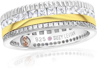 Suzy Levian Two-Tone White Cubic Zirconia Filigree Thick Band