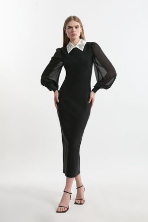 Karen Millen Embellished Collar Knit Midi Dress in Black at Nordstrom, Size X-Small