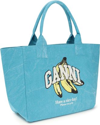 Ganni Womens Medium Banana Print Tote Bag Blue Curacao Recycled Cotton Shoulder