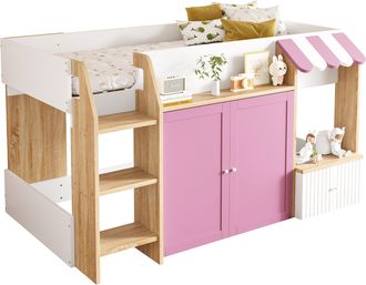 STILVORA Cama Altillo 90 X 200 Cm De Madera Con Estantes, Puertas De Almacenamiento Y Escalera, Sin Colch&oacute;n, Blanco Y Rosa