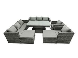Fimous Rattan Dining Table Sofa Set with 2Stools Outdoor 10 Seat in Dark Grey
