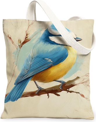 Generic Artistic Blue Bird Canvas Tote Bags, Vintage Nature Pattern Reusable Grocery Bags, Lightweight Washable Shoulder Strap Canv, Blue, 13x15 Inch
