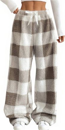 Generic Fleece Pyjamas Bottoms for Women Plaid Plush Cozy Pajama Pants Teddy Bear Thermal Lounge Pants Winter Fluffy Comfy Soft Warm Sleepwear Pjs Faux Fur Lo