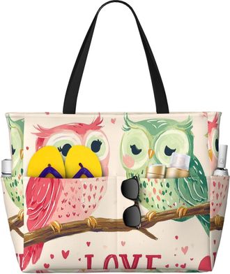 Generic Cute Owl Heart Print Large Beach Bag Foldable Travel Shoulder Tote Bag With Pocket For Weekender Pool Vacation
