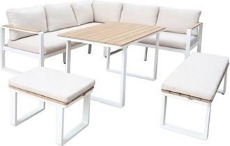 Sweeek 8-seater garden lounge in acacia wood and aluminium, Pampas, White, 197x72.5x72.5 cm