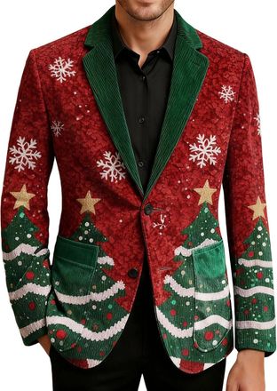 Generic Mens Christmas Blazer Corduroy Jacket Ugly Christmas Blazer Jackets Xmas Festive Costume Slim Fit Single-Breasted Suit Jacket Novelty Xmas Tuxedo Holi