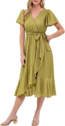 August Sky Faux Wrap Midi Dress in Olive at Nordstrom Rack, Size Small