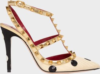Valentino Garavani 100mm Rockstud Sequined Metallic Leather Caged Pumps