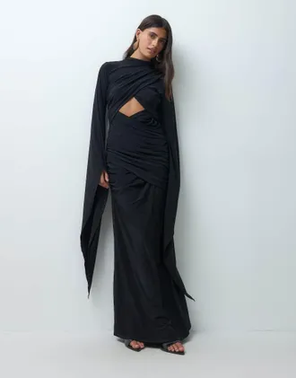 Asos vestito maxi nero con maniche esagerate e scollo incrociato