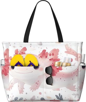 Generic Cute Axolotl Print Large Beach Bag Foldable Travel Shoulder Tote Bag With Pocket For Weekender Pool Vacation