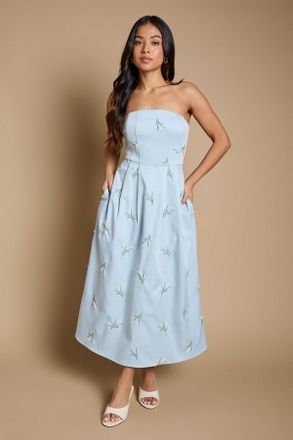 Oasis Womens Petite Embroidered Strapless Sweetheart Midi Dress - Pale Blue - Size 12 UK
