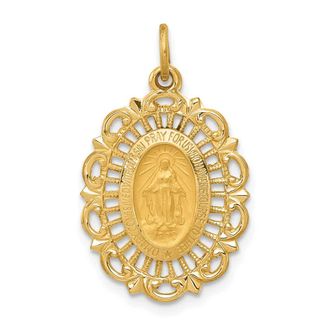 Diamond2Deal 14k Gold and Satin Solid Miraculous Medal Scalloped Edge Oval Pendant