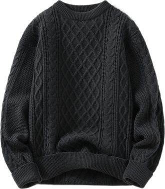 Generic Mens Solid Color O-Neck Sweater Autumn and Winter Loose Thickened Warm Pullover Sweater 2 L