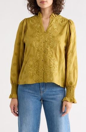 Forgotten Grace Floral Embroidered Smocked Cuff Top in Amber Green/Cabernet at Nordstrom Rack, Size X-Large