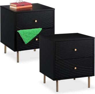 Relaxdays Relaxdays - Mesita De Noche Con 2 Cajones, Set De 2, Mesilla Dormitorio, Mesa Auxiliar Cama, 52 X 45 X 40 Cm, Negro/dorado