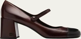 Miu Miu 65mm Leather Cap-Toe Mary Jane Pumps