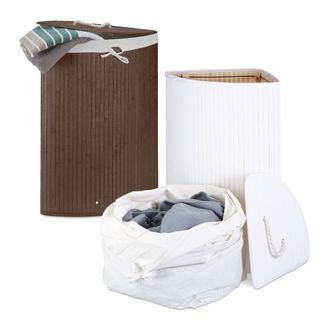 Relaxdays Juego De 2 Cestas De Ropa, Sistema De Separaci&oacute;n De Bamb&uacute;, Bolsa Extra&iacute;ble, Cestas De 64 L Cada Una, Marr&oacute;n/blanco