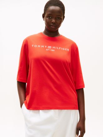 Tommy Hilfiger T-Shirt TOMMY HILFIGER CURVE CRV CORP LOGO TRAPEZE C-NK TEE, Damen, Gr. 48, fireworks, Single Jersey, Obermaterial: 100% Baumwolle, bedruckt, regular 