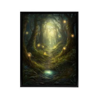 Artery8 Fairy Land Enchanted Forest Path Fantasy Framed Canvas Wall Art Print in Green | Size: W24 x H32