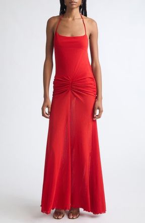 Siedres Ruched Mesh Halter Maxi Dress in Red at Nordstrom, Size Medium