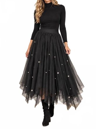 Papillon Tulle Hanky Hem Skirt With Pearls In Bl