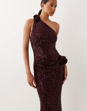 Asos Vestito midi monospalla in paillettes color mora con fiori arricciati-Rosso