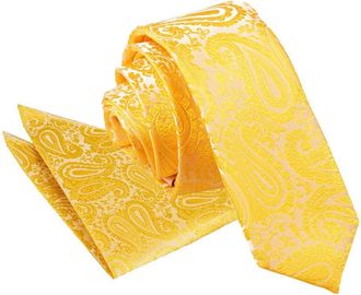 DQT Paisley Floral Patterned Wedding Skinny Neck Tie & Pocket Square Set for Men in Gold