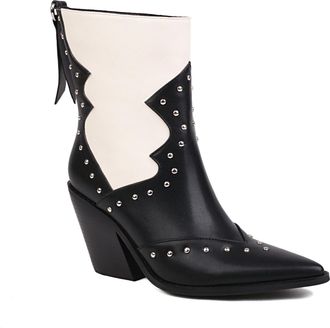 Generic Womens High Chunky Heel Western Cowboy Boots Pointed Toe Short Boots with Studded PU Leather Ankle Boot with Back Zipper,Black,3.5 UK