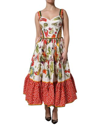 Dolce & Gabbana Womens White Vegetables Sleeveless A-Line Dress Cotton