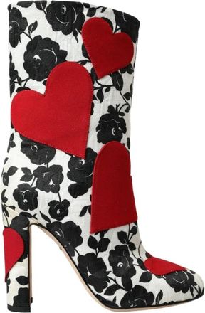 Dolce & Gabbana Bloemenprint Enkellaarzen Rood Zwart - Dames - Laarzen met Hak - Veelkleurig - 35 EU - Leer - Schoenen