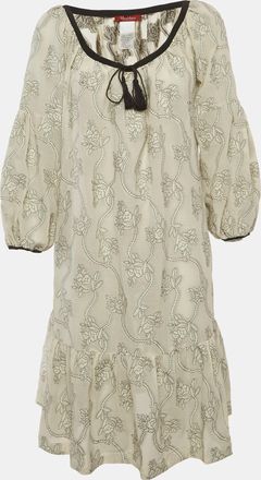 Max Mara Off-White Floral Pattern Cotton Blend Ruffle Midi Dress