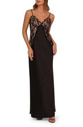 Adrianna Papell Lace Trim Satin Gown in Black at Nordstrom, Size 14