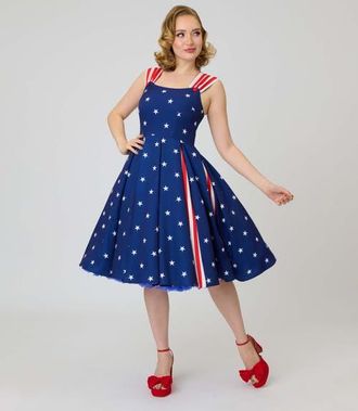 Unique Vintage Square Neck Sleeveless Godet Swing Dress in Blue Star Print at Nordstrom, Size Small