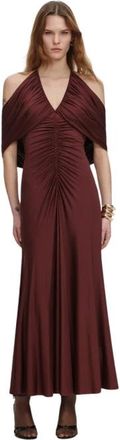 Self Portrait Maxi jurk met halternek en ruches - Dames - Feestkleedjes - Bruin - 2XS - Kleedjes
