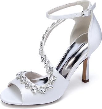 Generic Womens High Heels Satin Bridal Shoes Stiletto Sandals Dress Wedding Heel Formal Evening Shoes Rhinestone 9.5Cm,White,10 UK