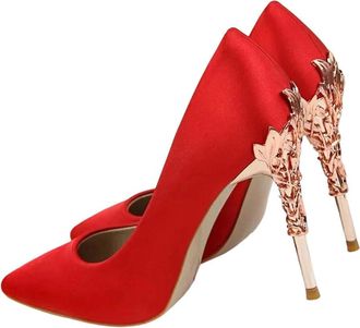 Generic Women Spring Sequin High Heel Pumps Pointed Toe Metal Detail Wedding Dress Shoes Red