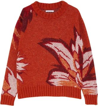 Patrizia Pepe Bloemen Jacquard Paillet Top - Dames - Ronde hals truien - Rood - M - Polyester - Truien & Vesten