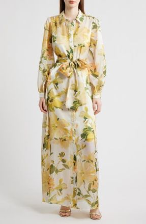 Julia Jordan Floral Long Sleeve Tie Belt Organza Cocktail Shirtdress in Yellow Multi at Nordstrom, Size 10