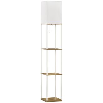 HOMCOM Modern Floor Lamp with Shelves - 3 Layer Shelf Tall Standing Lamp with Fabric Lampshade - Pull Chain Switch for Living Room - Bedroom - (Bulb n