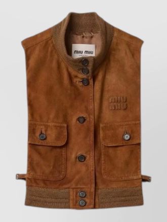 Miu Miu leather top sleeveless front pockets ribbed hem