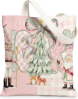 Generic Christmas Tree Vintage Canvas Tote Bag, Holiday Decor Lightweight Washable Shoulder Strap Reusable Grocery Bags for Shoppin, Peach, 13x15 Inch