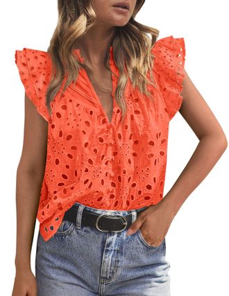 PrettyGarden Womens Summer Tops 2025 Dressy Casual Ruffle Cap Sleeve Button V Neck Embroidered Eyelet Blouses Shirts, Orange, M