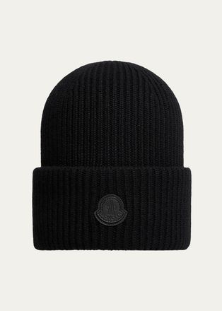 Moncler Mens Wool Ribbed Tonal Logo Beanie Hat