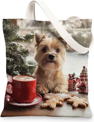 Generic Winter Christmas Cairn Terrier Dog Canvas Tote Bag for Shopping 13x15, Gingerbread Xmas Puppy Reusable Grocery Print Pattern Bag for Women, Pet Beach 