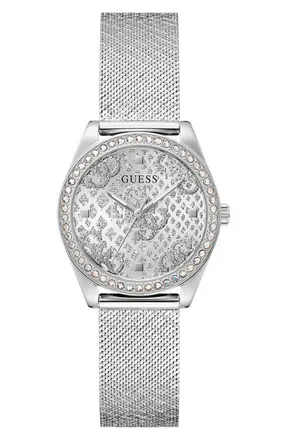 Guess Boa Crystal Bezel Silvertone Mesh Strap Watch, 32mm at Nordstrom