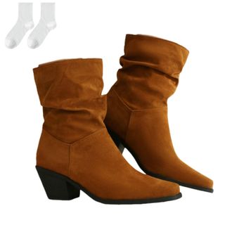 Generic Womens Slouch Boots in A Suede Look, Fashionable Mid-Calf Boots with A Comfortable Block Heel, Soft, Non-Slip Ankle Boots for Everyday Wear in Autumn 